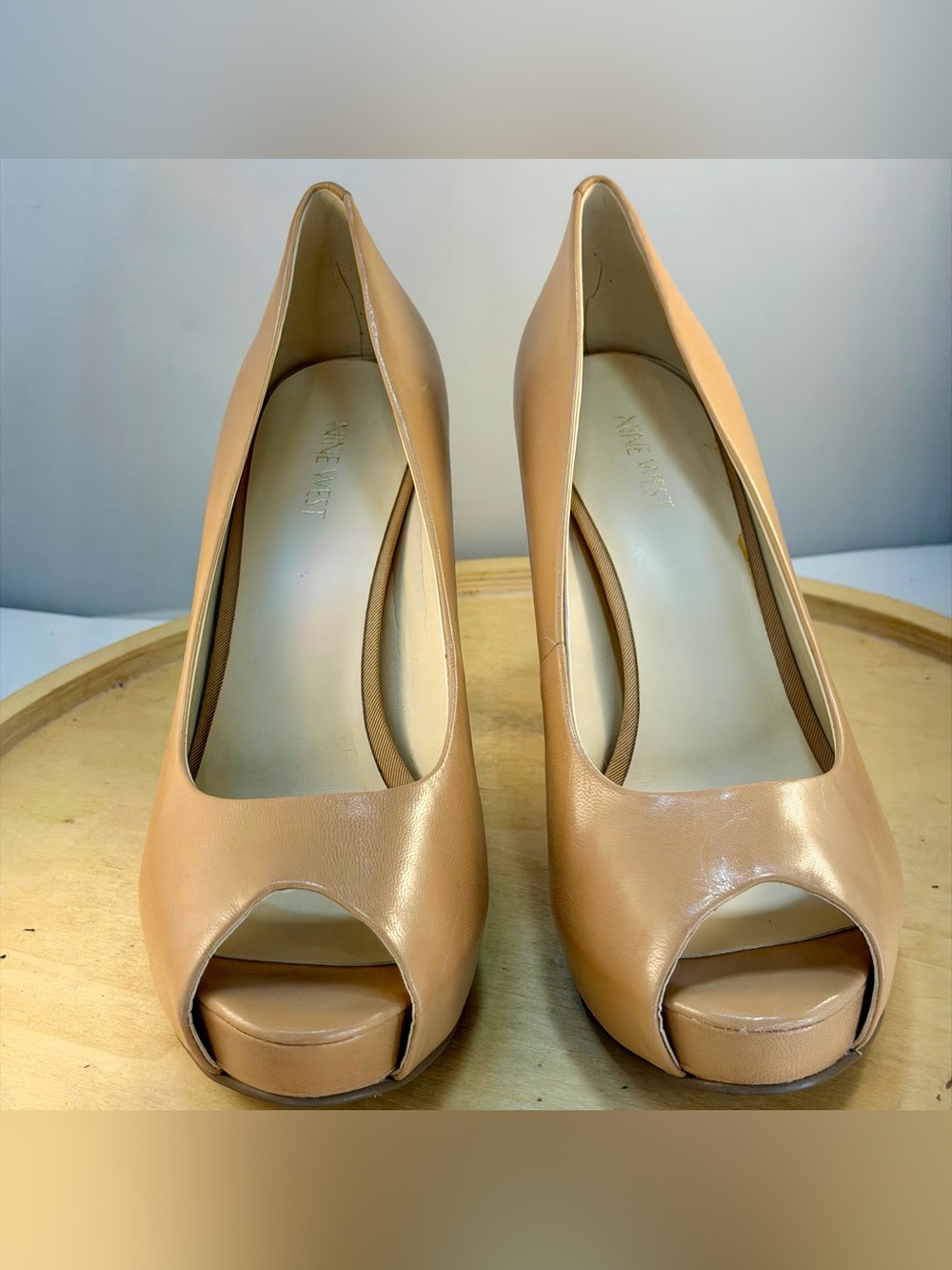 Nine West Tan Peep-Toe Platform Leather Heels